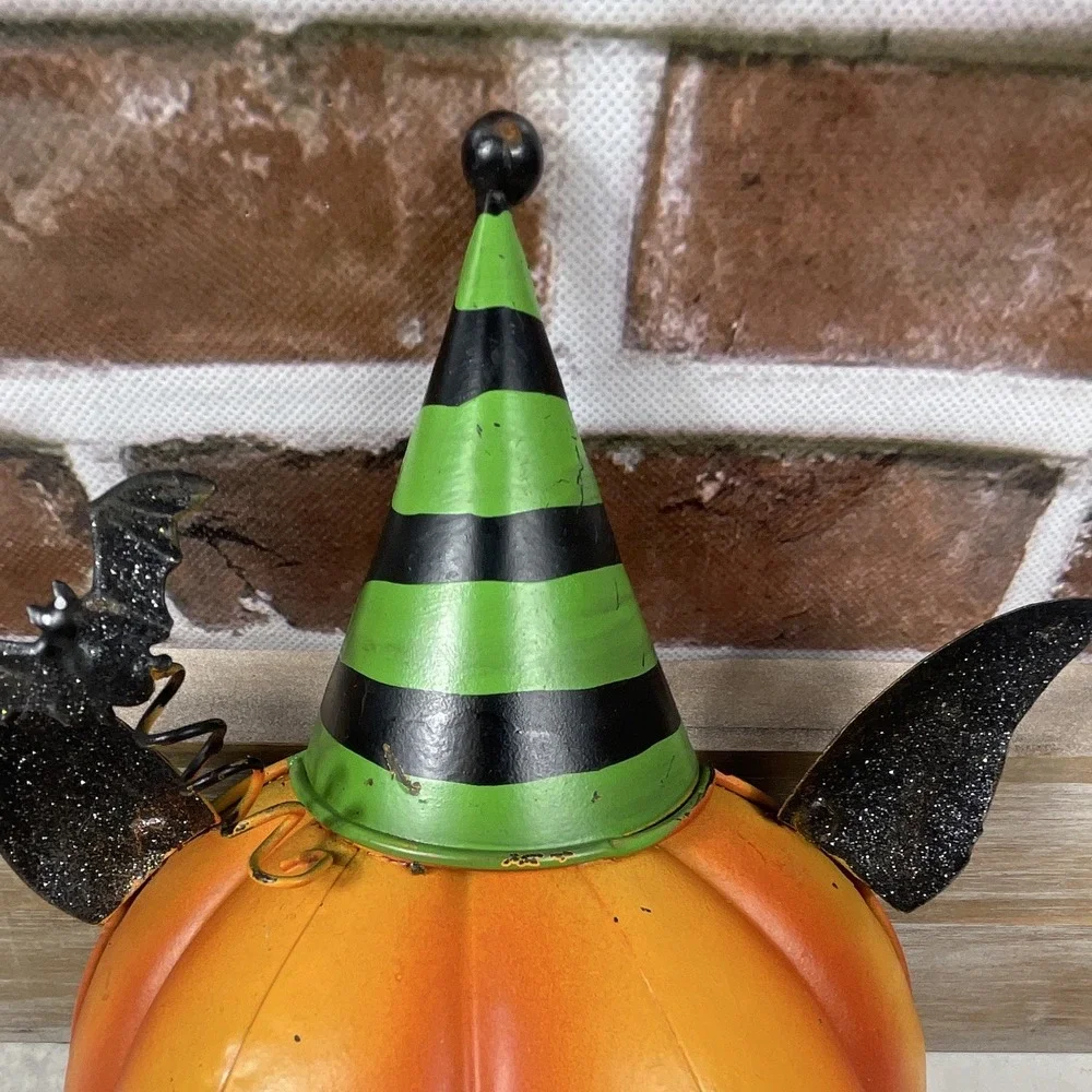Halloween Cat Pumpkin Figurine Green Witch Hat Metal Painted 3D Effect